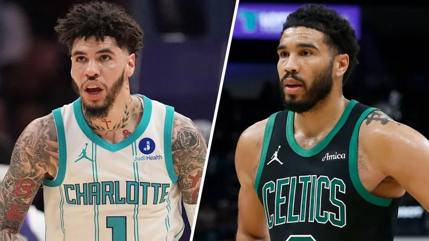 Hornets guard LaMelo Ball and Celtics forward Jayson Tatum