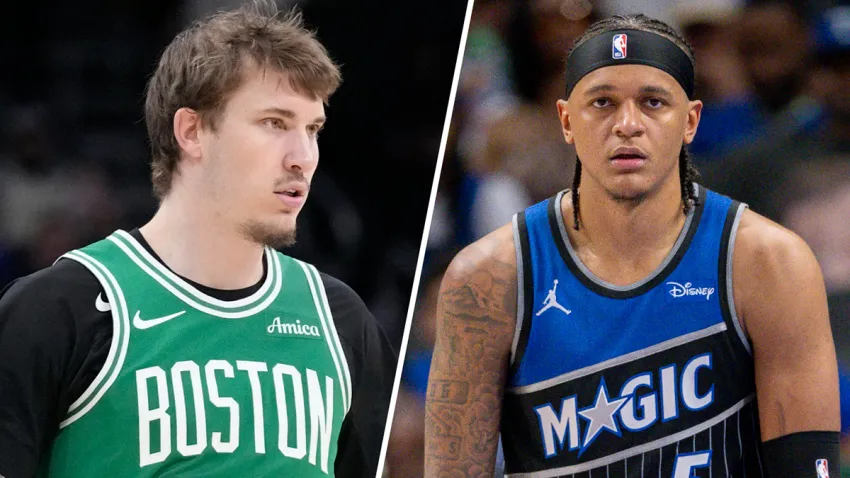 Celtics wing Baylor Scheierman and Magic forward Paolo Banchero