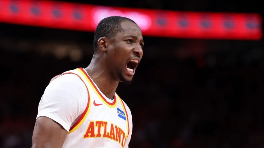 ATLANTA, GEORGIA – APRIL 23:  Jonathan Kuminga #0 of the Atlanta Hawks reacts after a basket against the New York Knicks during the fourth quarter of game three of the Eastern Conference first round playoffs at State Farm Arena on April 23, 2026 in Atlanta, Georgia.  NOTE TO USER: User expressly acknowledges and agrees that, by downloading and or using this photograph, User is consenting to the terms and conditions of the Getty Images License Agreement.  (Photo by Kevin C. Cox/Getty Images)