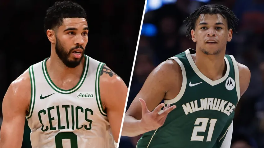 Celtics forward Jayson Tatum and Bucks forward Ousmane Dieng