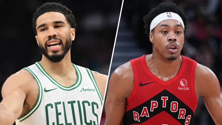 Celtics forward Jayson Tatum and Raptors forward Scottie Barnes