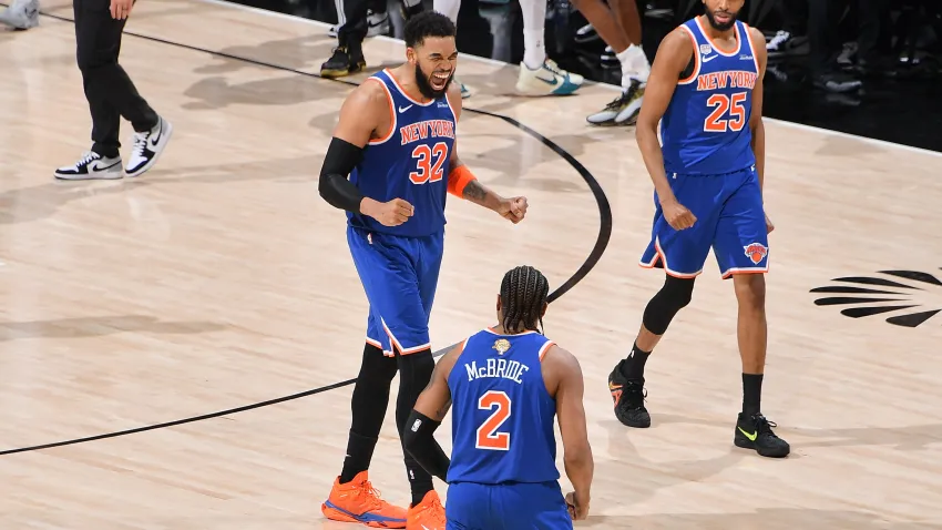 SAN ANTONIO, TX – JUNE 5: Karl-Anthony Towns #32 of the New York Knicks celebrates during the game against the San Antonio Spurs during Game Two of the 2026 NBA Finals on June 5, 2026 at Frost Bank Center in San Antonio, Texas. NOTE TO USER: User expressly acknowledges and agrees that, by downloading and or using this photograph, User is consenting to the terms and conditions of the Getty Images License Agreement. Mandatory Copyright Notice: Copyright 2026 NBAE(Photo by Michael Gonzales/NBAE via Getty Images)