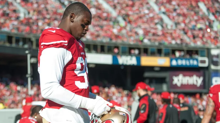 SAN FRANCISCO, CA – DECEMBER 08:  Linebacker Aldon Smith #99 of the San Francisco 49ers looks on during the game against the Seattle Seahawksat Candlestick Park on December 8, 2013 in San Francisco, California. (Photo by Rob Tringali/SportsChrome/Getty Images)