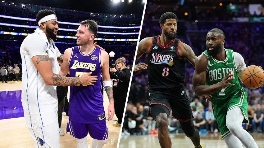 Split image of Anthony Davis/Luka Doncic and Paul George/Jaylen Brown