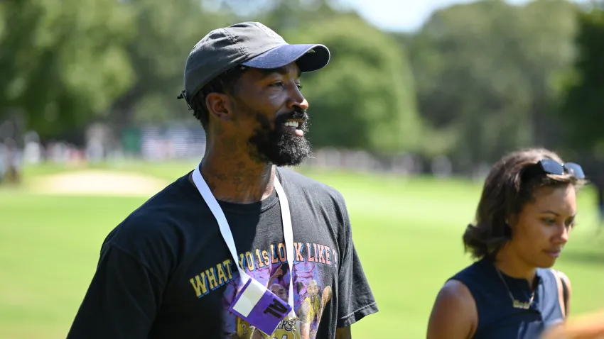 Sep 4, 2021; Atlanta, Georgia, USA; Former NBA player J.R. Smith looks on from the 3rd hole during the third round of the Tour Championship golf tournament. Mandatory Credit: Adam Hagy-USA TODAY Sports