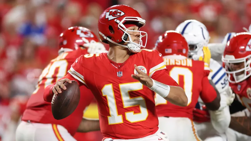 Patrick Mahomes #15 of the Kansas City Chiefs throws a pass.