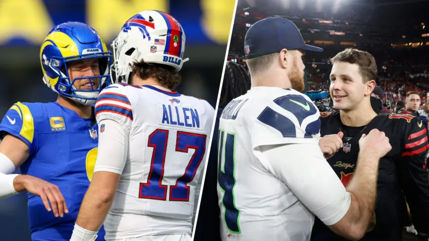 Split image of Matthew Stafford/Josh Allen and Sam Darnold/Brock Purdy