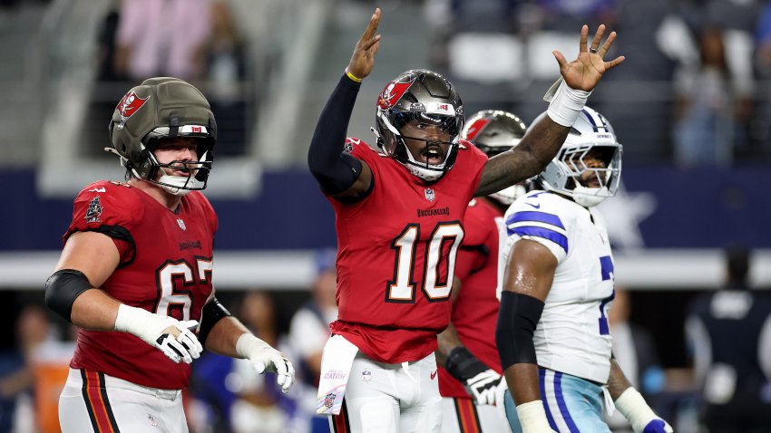 Jalon Daniels #10 of the Tampa Bay Buccaneers celebrates a touchdown.