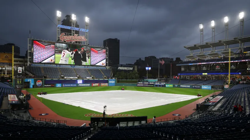 A general view of a tarp covering the field prior to game four of the American League Championship Series between the Tampa Bay Rays and the Cleveland Guardians at Progressive Field on October 16, 2026 in Cleveland, Ohio.